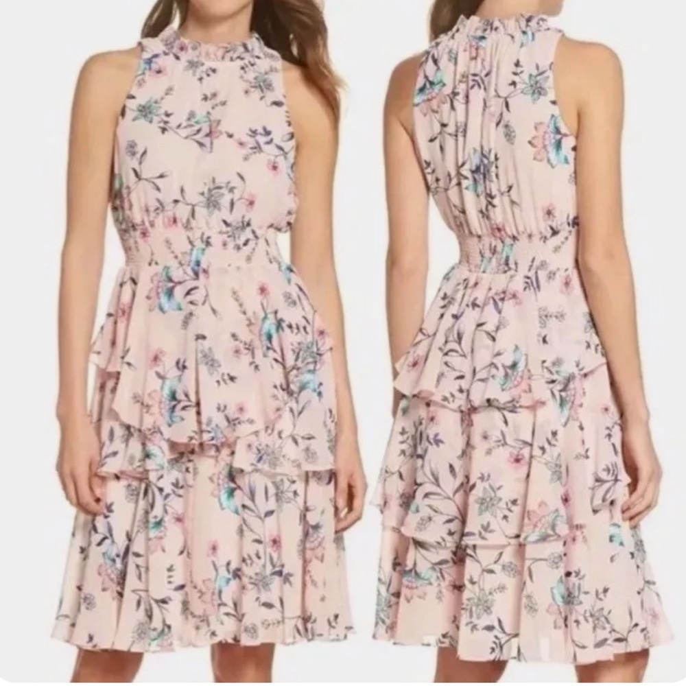 Eliza J - Chiffon Tiered Ruffle Dress Midi FloralBlush Pink Smocked - Size 2